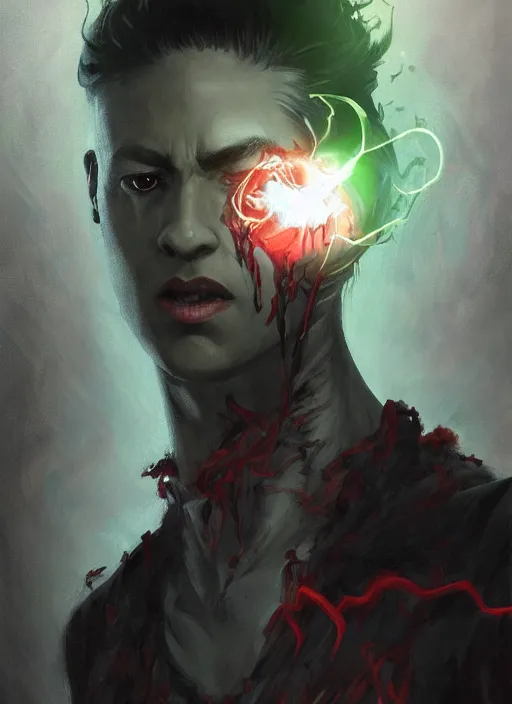 Image similar to character concept portrait of a handsome young twisted dark hispanic wizard with olive skin and glowing red eyes casting a zombie spell, a floating iridescent spell book in the center, intricate, elegant, digital painting, concept art, smooth, sharp focus, illustration, from Metal Gear, by Ruan Jia and Mandy Jurgens and William-Adolphe Bouguereau, Artgerm