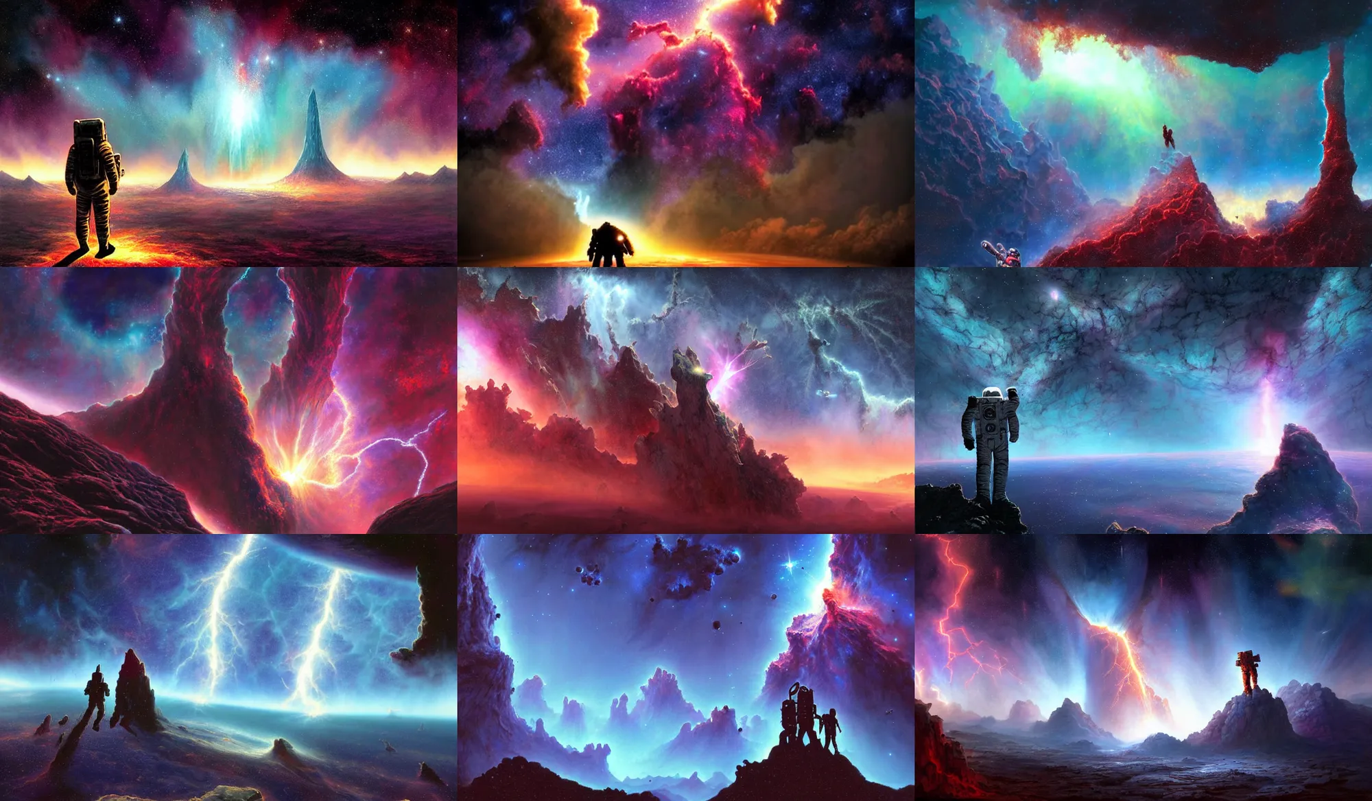 Prompt: astronaut silhouette on a mountain on beautiful alien world, fractal lightning shooting by, pillars of creation nebula in background, starfield in background, style of Tyler Edlin, style of Tim White, style of Kelly Freas, style of Jim Burns