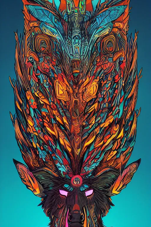 Image similar to totem animal tribal chaman vodoo mask feather gemstone plant wood rock video game illustration vivid color borderlands by josan gonzales and dan mumford radiating a glowing aura