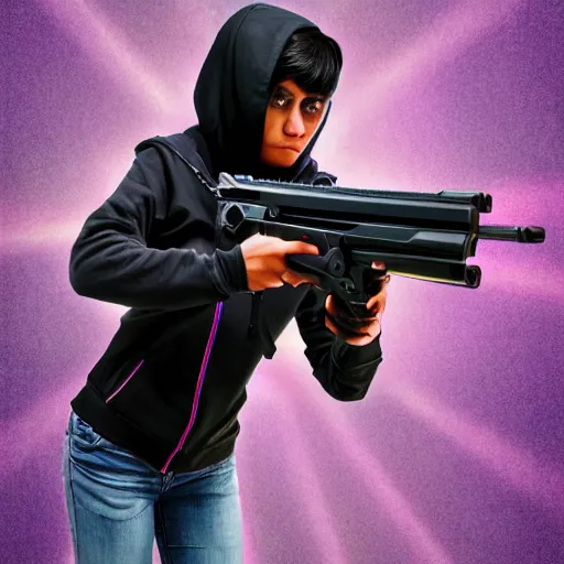 Image similar to poster artwork, sci fi, art type of photo, a female, full body, black hoodie techie, black hair with purple streaks, holding a gun, 8 k