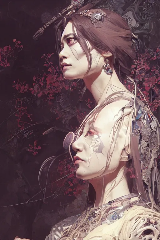 Image similar to A full portrait of a beautiful terrible dystopian junktown Japanese necromancer sorcerer enchanter, intricate, elegant, highly detailed, digital painting, artstation, concept art, smooth, sharp focus, illustration, art by Krenz Cushart and Artem Demura and alphonse mucha