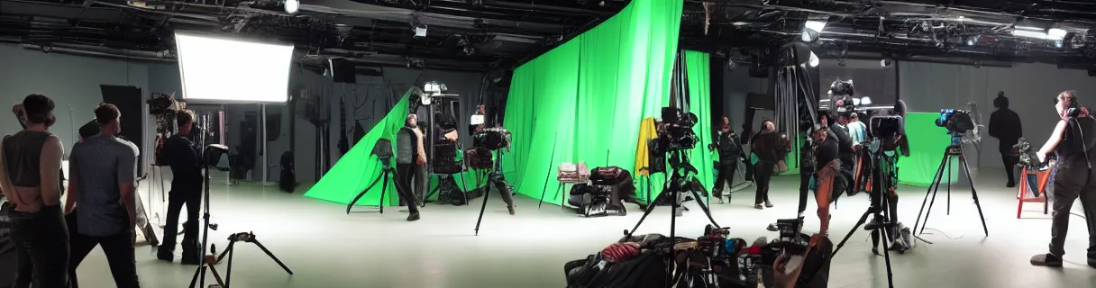 Image similar to photo of a movie set with a big bright green screen, small group of film crew, small group of actors, a few cameras, studio, movie set, realistic, studio lighting