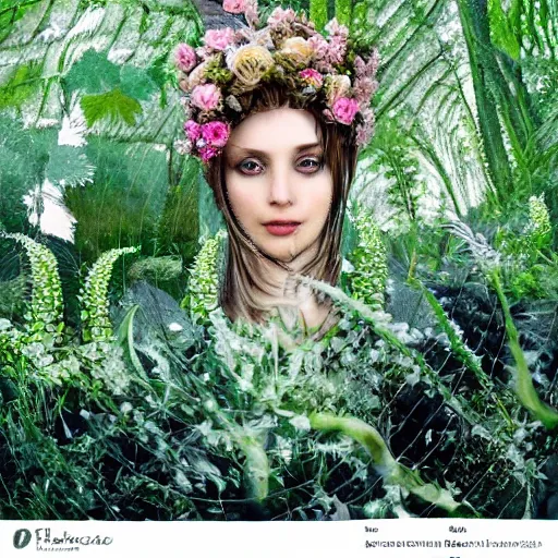 Image similar to an knight, stern face, clear eyes, shining armour made of steel and flowers, and fractal flowery hair in a fractal garden, glowing delicate flower and ferns that grow in a dark fatansy forest,