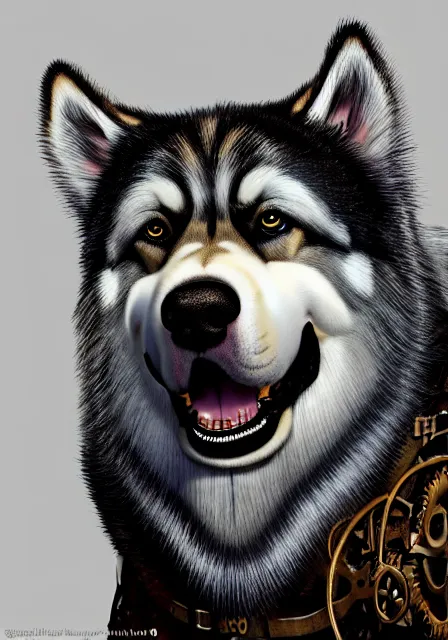 Prompt: hyper realistic ultra - detailed portrait of alaskan malamute face, wearing steampunk hat with goggles and gears, upper body, detective coat, sharp focus, illustration, fantasy style, octane render, concept art, smooth, volumetric lighting, 8 k high definition, intricate, wide shot, by greg rutkowski, highly detailed, trending on art station