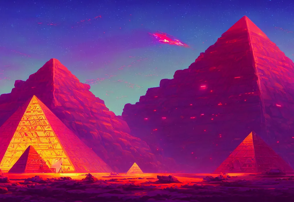 Image similar to a small futuristic pyramid with neons at dawn with rock piles in the background, intricate oil painting, high detail illustration, sharp high detail, manga and anime 1 9 9 9, official fanart behance hd artstation by jesper ejsing and makoto shinkai, 4 k,