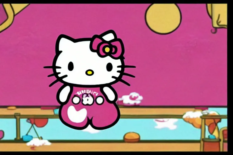 Image similar to animated cartoon film of hello kitty exercising at the gym, hello kitty has big muscles, barbells