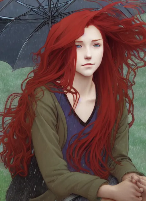 Image similar to pretty young woman with long red hair sitting at a bus stop in the rain, path traced, highly detailed, high quality, digital painting, by studio ghibli and alphonse mucha, leesha hannigan, makoto shinkai, disney