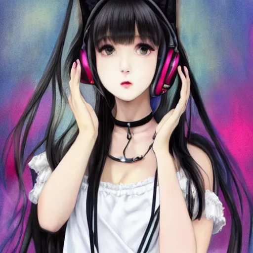 Image similar to realistic beautiful gorgeous natural cute Blackpink Lalisa Manoban black hair fur black cat ears, wearing white camisole summer outfit, headphones, black leather choker, tonemapping artwork drawn full HD 4K highest quality in artstyle by professional artists WLOP, Ayami Kojima, Aztodio, Alphonse Mucha, Taejune Kim, Guweiz on Pixiv Instagram Artstation