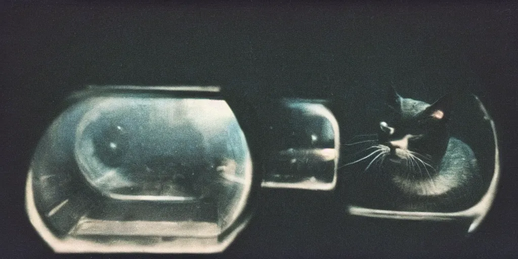 Image similar to detailed medium format photo, polaroid still from tarkovsky movie, a cat at the controls of a 1 9 7 0's spaceship, haze, high production value, intricate details, 8 k resolution, hyperrealistic, hdr, photorealistic, high definition, tehnicolor, award - winning photography, masterpiece, amazing colors