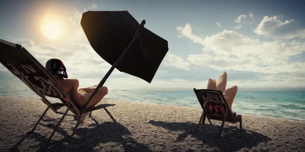 Prompt: darth vader sunbathing in the beach while reading, realism, 4 k, octane render, award winning photograph