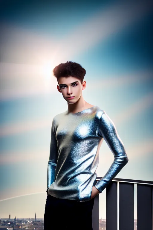 Image similar to un ultra high definition studio quality photographic art portrait of a young man standing on the rooftop of a british apartment building wearing soft padded silver pearlescent clothing. three point light. extremely detailed. golden ratio, ray tracing, volumetric light, shallow depth of field. set dressed.