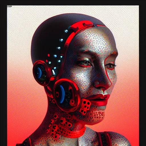 Image similar to Pointillisme potrait of a cyborg with black and red robotic parts, medium shot, asymmetrical, profile picture, Organic Painting, sunny day, Matte Painting, bold shapes, hard edges, street art, trending on artstation, by Huang Guangjian and Gil Elvgren and Sachin Teng