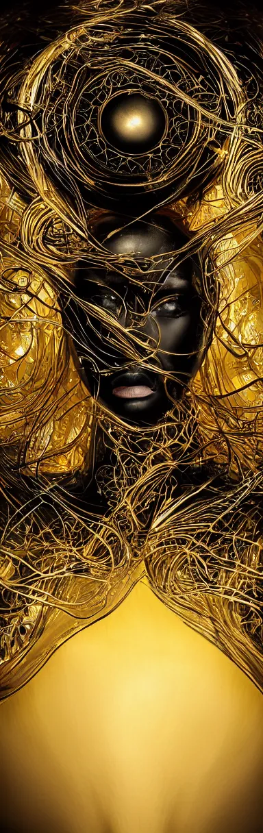 Image similar to epic pencil drawing illustration, gold bodypaint, neobrutalistic, digital abstract sculpt of beautiful female face and black swirling latex acrylic portrait, black latex sculpt, minimalism, mechanical superstructure, strong wind, sacred geometry, 8 k, cinematic, magic hour, beautiful light, sculpture of carving marble, dark colors, filigree ornaments, one point light, clockwork,