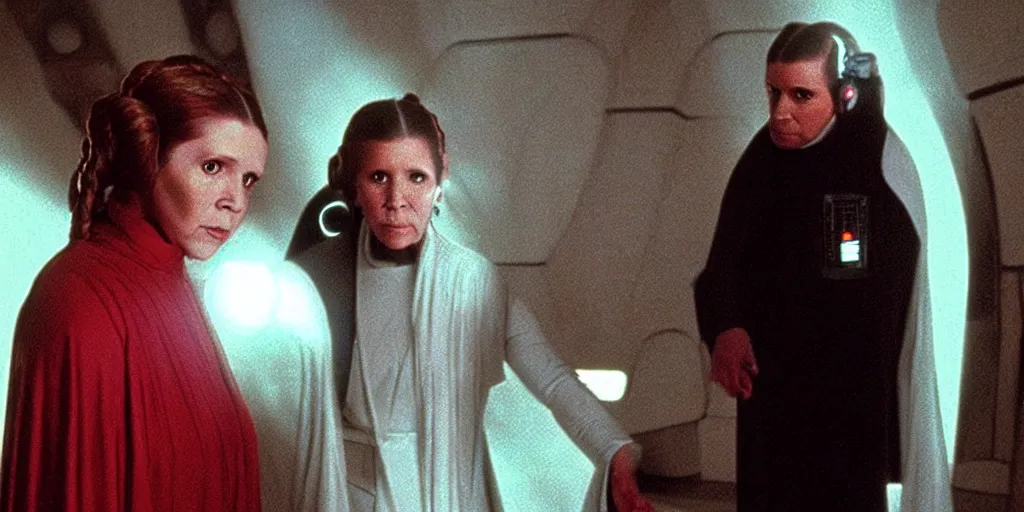 Prompt: a full color still of Carrie Fisher as Leia Organa as a regal Senator in the Galactic Senate with a weird alien friend, cinematic lighting, 1999, directed by Steven Spielberg, 35mm