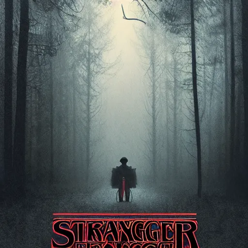 Image similar to the stranger things poster by Aron Wiesenfeld and beksincki, cinematic, detailed illustration, nature, fog, dark colors, suspense, intricate, 8k