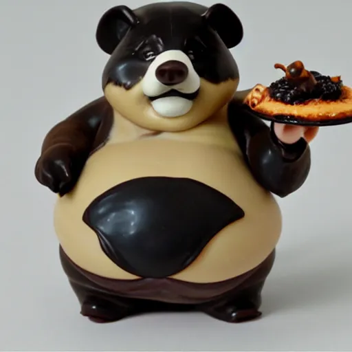 Prompt: pvc figurine of a fat badger chef holding a cake