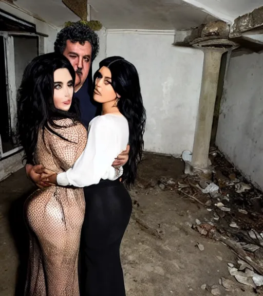 Image similar to Pablo Escobar hugging kim kardashian & kylie Jenner in a derelict mafia mansion