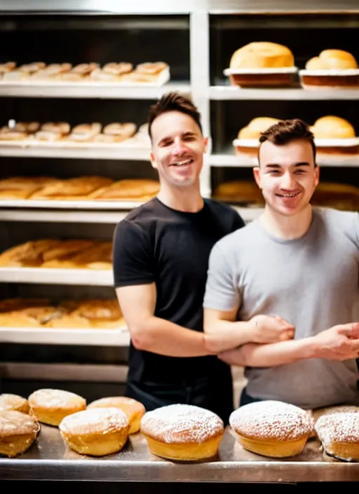 Prompt: two men at a bakery