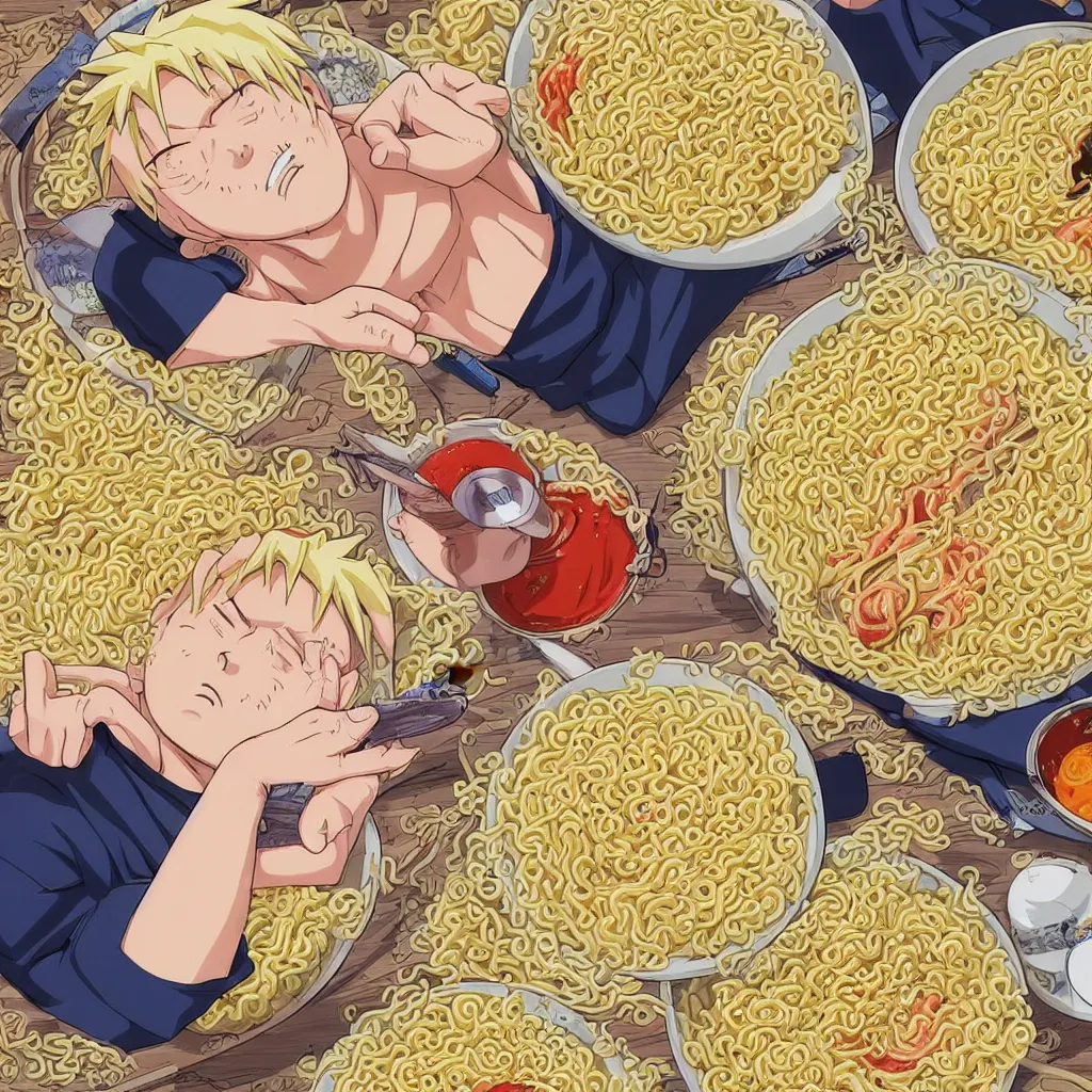 Image similar to a color manga illustration of blonde - haired naruto laying in a pile of ramen noodles in bowls, holding a large bowl of ramen and slurping up noodles. the view is top down. his mood is one of delicious bliss and naruto is the only human in the image. the image is illustrated in high colorful detail by masashi kishimoto and is very very very detailed.