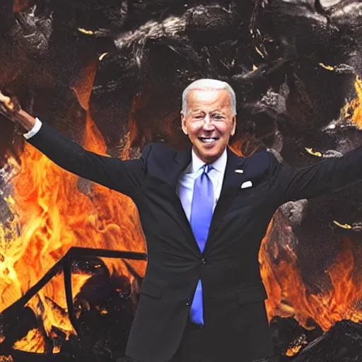 Prompt: joe biden with black wings surrounded by fire