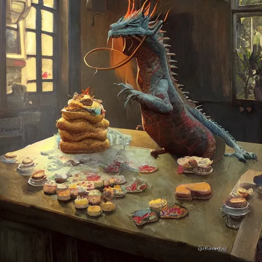 Prompt: Dragon made of cake, sleeping on the kitchen counter of a magical bakery, oil painting, by Fernanda Suarez and and Edgar Maxence and greg rutkowski