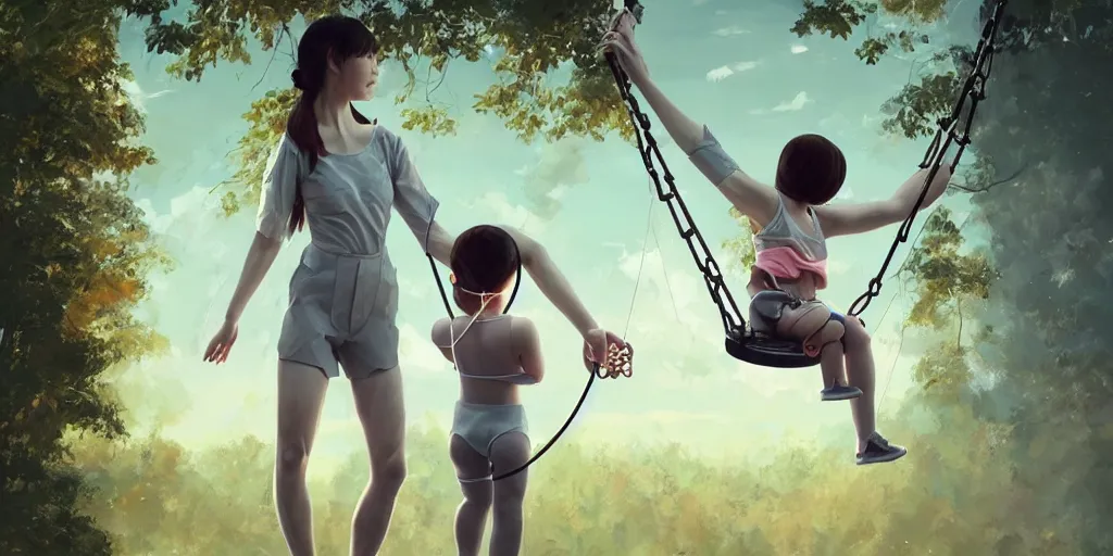 Image similar to hyperrealistic photography of a gentle cyborg pushing an android child on a swing in a cyborg park in the style of Jin Kagetsu, patricia piccinini, James Jean and wlop, highly detailed, masterpiece, award-winning, sharp focus, intricate concept art, ambient lighting, 8k, artstation