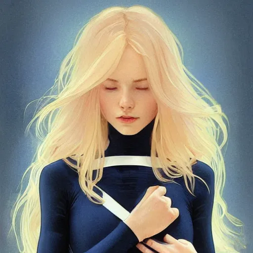 Prompt: a beautiful portrait of a beautiful cute young superhero woman, shoulder - length blonde hair, tight solid matte navy blue lycra bodysuit, white cape, intricate, elegant, 8 k, highly detailed, digital painting, concept art, smooth, sharp focus, illustration, by artgerm greg rutkowski alphonse mucha loish wlop