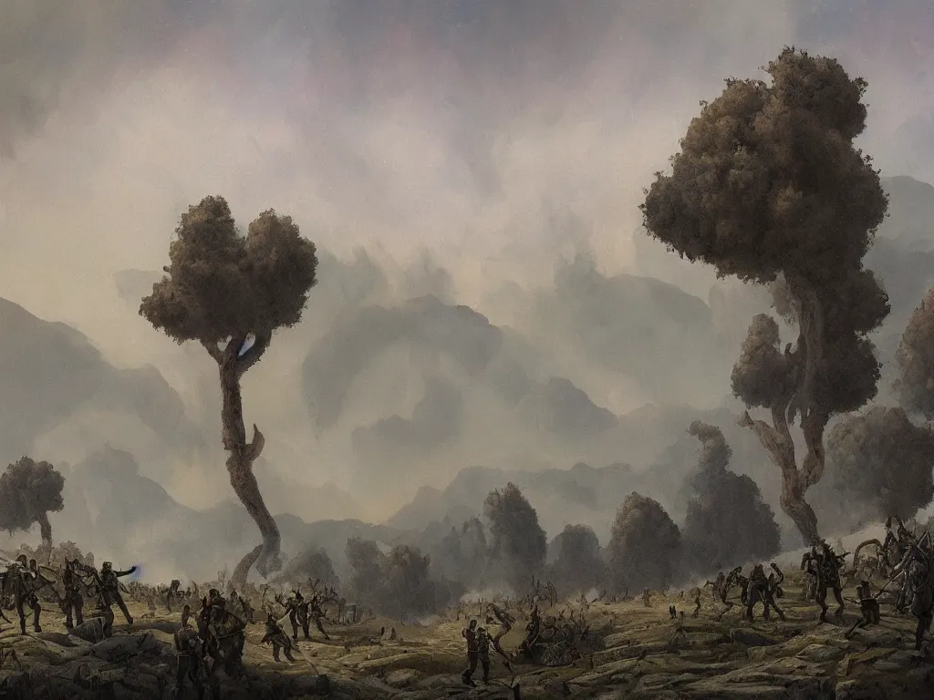 Prompt: Two armies amid the smoke. Comet afar. Cypresses. Painting by Ucello