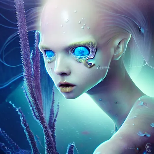 Image similar to ultra realistic horror photo of translucent female alien creature underwater, very intricate details, focus, model pose, artwork by anna dittmann, award winning