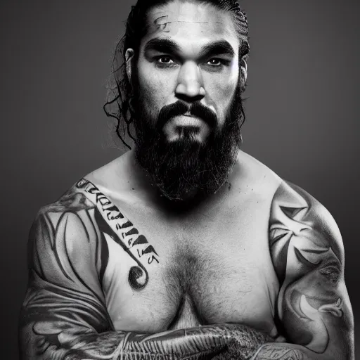 Prompt: portrait of khal drogo from games of thrones, mascular, broad shoulder, tattooed body, six packs, symmetrical, nikon 3 5 mm photography, ultrarealistic