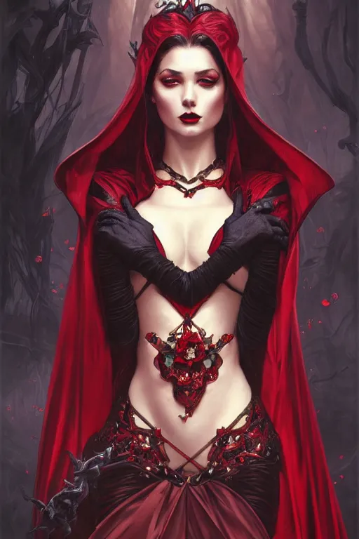 Image similar to Beautiful vampire female princess, black and red silk clothing Full body shot, D&D, fantasy, intricate, elegant, highly detailed, digital painting, artstation, concept art, matte, sharp focus, illustration, hearthstone, art by Artgerm and Greg Rutkowski and Alphonse Mucha