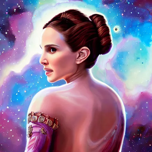 Prompt: a beautiful painting of a ornate highly detailed natalie portman as princess leia, nebulas in the background