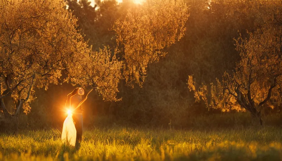 Prompt: dancing in a field of ripe peach trees, photo, cinematic lighting, cinematic still, golden hour