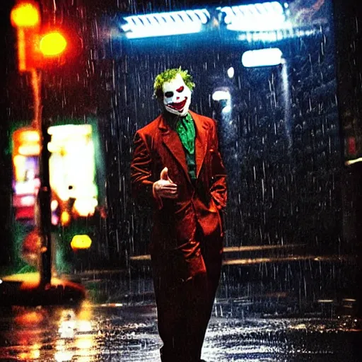 Image similar to night flash portrait photography of thejoker on the lower east side by annie leibovitz, colorful!!, nighttime!, raining!