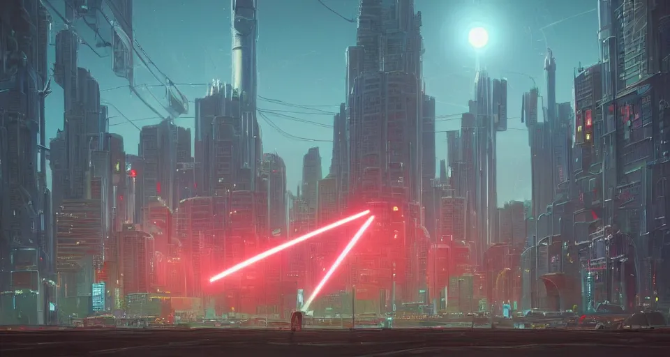 Prompt: A very beautiful cityscape scene with a GIANT LASER EYEBALL looming in the distance, rendered by simon stålenhag, rendered by Beeple, Makoto Shinkai, syd meade, environment concept, digital art, Gundam style, starwars, unreal engine, 3 point perspective, WLOP, trending on artstation, low level, 4K UHD image, octane render,