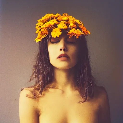 Prompt: realistic expired kodak film portrait of an angel woman flowers, marigold celestial vibe, hyperrealism, hypermaxiymalism, photorealistic, detailed, atmospheric, 8 k, award winning photography, cinematic