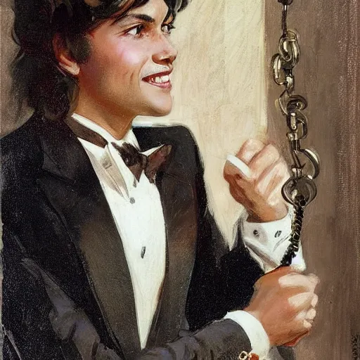 Prompt: a Latino young man with long shaggy brown hair, sly eyes, and a mischievous smile wearing a tuxedo and e-boy chains. WLOP, JC Leyendecker