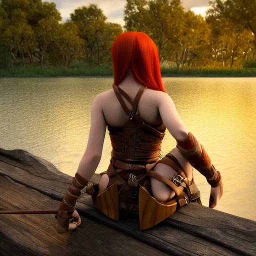 Image similar to beautiful female redhead elf warrior wearing tanned leather and a longbow and quiver on her back, sitting next to a beautiful lake at sunset, enjoying the wind, looking at the water. 8 k ultra realistic, award winning, unreal engine 5, masterpiece, atmosphere glow, hyperrealistic, focused, extreme details, cinematic