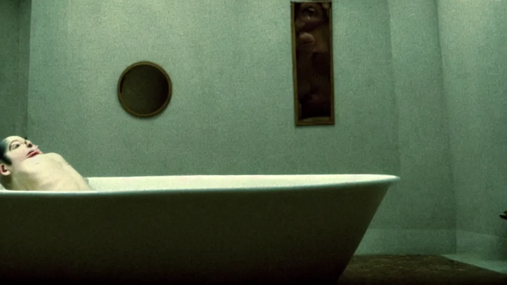 Image similar to the strange creature in a bathtub, film still from the movie directed by Denis Villeneuve with art direction by Salvador Dalí, wide lens