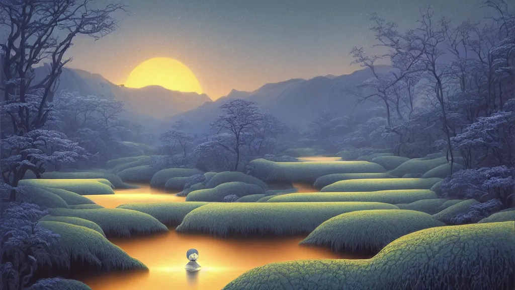 Image similar to digital painting of a lush river valley by gerald brom. blue river. cold icy winter day. sunset. chiho aoshima. digital render. detailed. beautiful landscape.