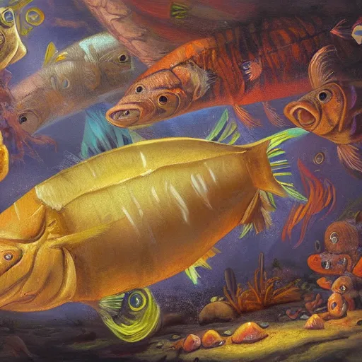 Image similar to fish - pig creature, oil painting by justin gerard