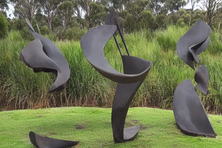 Prompt: “dramatic award-winning sculpture in an Australian wetlands, sculpture garden”