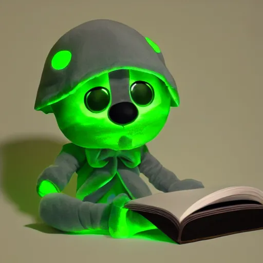 Image similar to cute fumo plush of a boy holding a book of forbidden spellcasting, eerie glow, black and white, green lighting and shadow, tendrils, vray