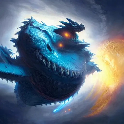 Image similar to Gigantic blue scaled dragon devouring an earth like planet while flying in space, sun system, behemoth, lizard, oil painting, by Greg Rutkowski