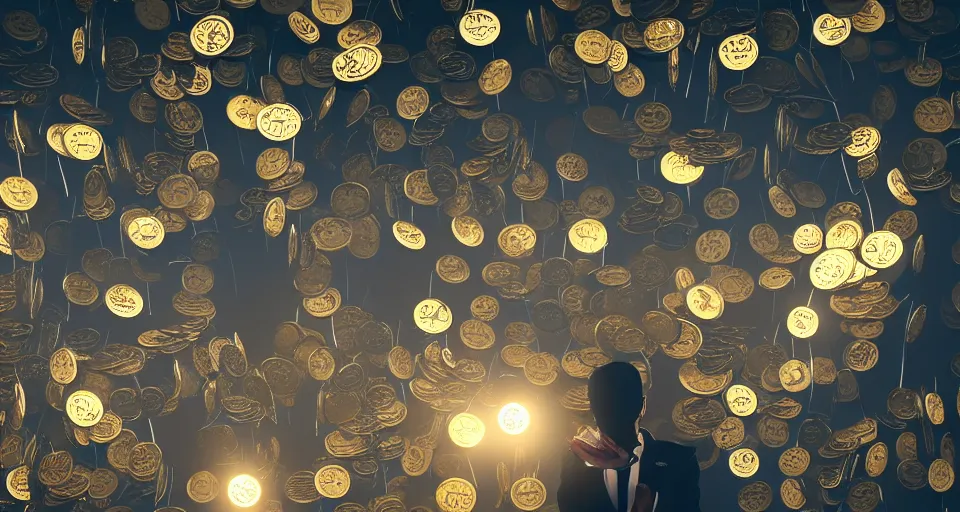 Prompt: Dramatic photo of a CEO waving goodbye with his hand to a group of silhouettes of his coworkers in a futuristic office. Golden coins are levitating all around them. 8k, high detail, trending on Artstation, volumetric lighting, cyberpunk