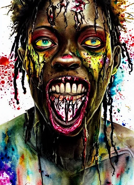 Image similar to african american zombie hollywood artwork professional acting headshot, hyperrealism, intricate detail, studio lighting, charming expression gesicht, hauntingly beautiful zombie, watercolor art, epic, legendary, drawn and painted, colored layers, dulled contrast, exquisite fine art, splatterpaint