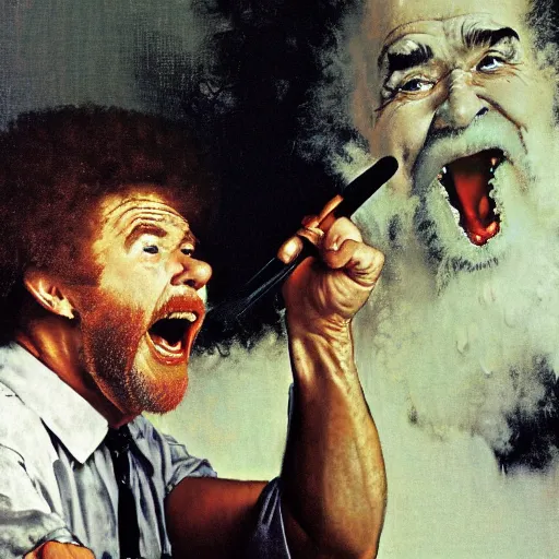 Prompt: bob ross screaming by norman rockwell