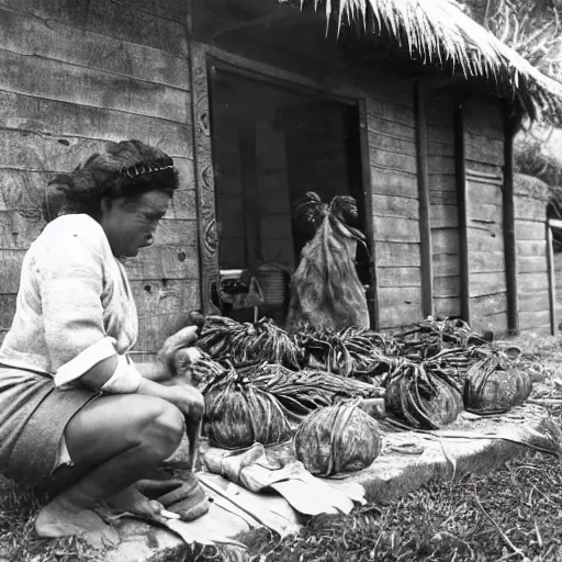 Image similar to a maori woman prepares weta carapaces outside her whare in the 1 9 4 0's.