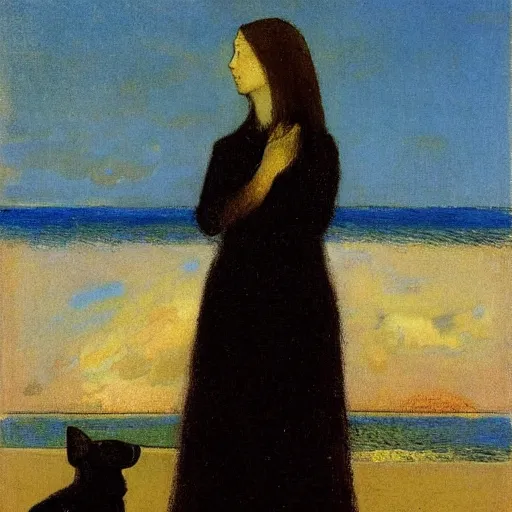 Image similar to a woman and her black and brown chihuahua looking out to sea by odilon redon