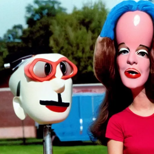 Image similar to a teenage girl with an inflatable cartoon head goes to high school, live-action john waters film, 1974, technicolor